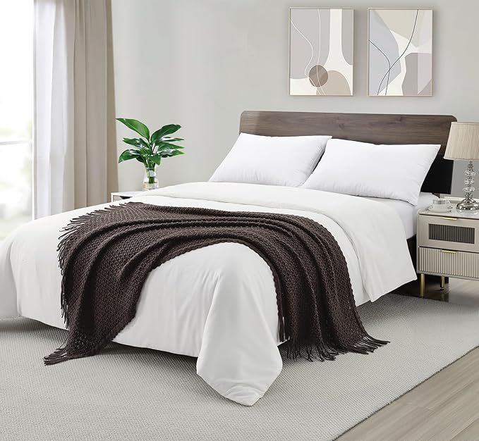 CREVENT Farmhouse Boho Knitted Throw Blanket for Couch Sofa Chair Bed Home Decoration, Soft Warm Cozy Light Weight for Spring Summer Fall (50''X60'' Dark Brown Chocolate)