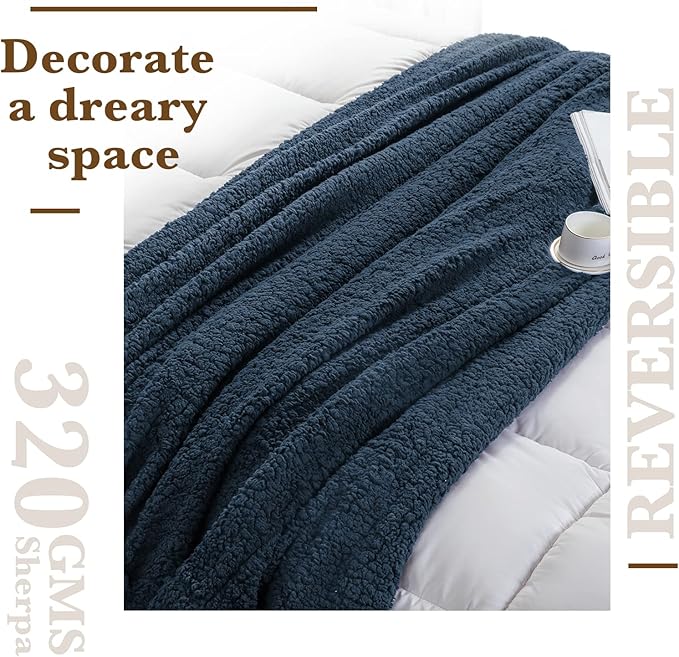 LBRO2M Double Sided Sherpa Blanket,Queen Size Super Soft Fuzzy Plush Warm Cozy Fluffy Throw Reversible Luxurious Blankets (Navy Blue)