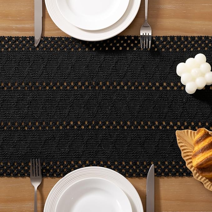 Socomi Boho Table Runner Macrame Easter Spring Farmhouse Woven Cotton Linen Rustic Coffee Table Runner with Tassels for Small Dresser Scarf Home Decor Dining Room 12x72 inch Black