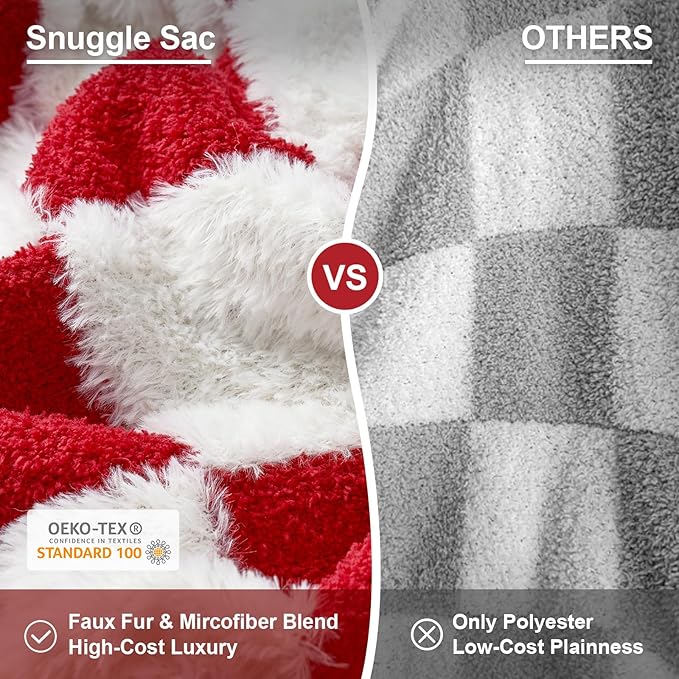 Snuggle Sac Red Checkered Valentine Blanket, Fluffy Faux Fur Ultra Soft Warm Microfiber Throw Blankets for Couch, Sofa, Chair, Bed, Red Checker, 50x60 inches