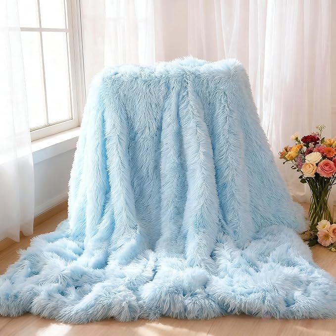 Plush Super Soft Blanket Bedding Sofa Cover Furry Fuzzy Fur Warm Throw Qulit Cozy Couch Blanket for Winter (63"x79", Light Blue)