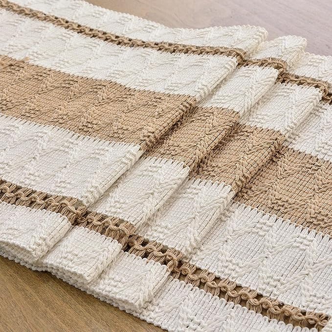 FEXIA Boho Table Runner for Hoilday Spring Home Decor with Tassels Pottery barn Furniture Farmhouse Rustic Macrame Burlap Table Decoration for Living Room (12x48 Inches)
