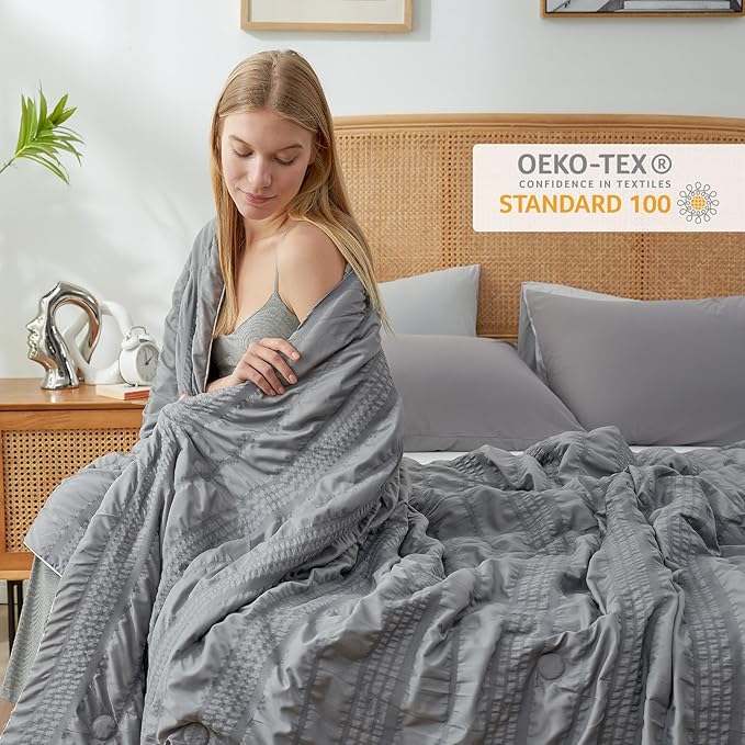 Cozy Bliss Seersucker Cooling Comforter Twin Size, Q-Max 0.45 Reversible Lightweight Cooling Throw Blanket, Breathable Silk Smooth Summer Bedding Quilt for Hot Sleepers Night Sweats Dark Grey