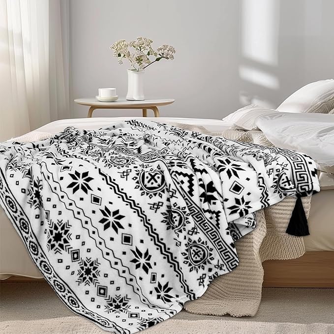 MACEVIA Flannel Boho Blanket for Couch, Country Western Aztec Printed Throw with Tassel, Soft Cozy Bohemian Blanket for Home Decor (Black and White, 50x60inches)