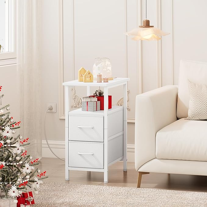 Vagusicc White End Table with Charging Station, Narrow Side Table, 23.8'' Tall Nightstand with 2 Fabric Drawers, Small Sofa Side Table Narrow Nightstand for Small Spaces, Bedroom, Bedsise Table, White