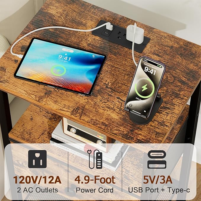 Night Stand with Charging Station, Small Bedside Table with Fabric Drawer, Nightstand with USB Ports & Outlets for Bedroom, Living Room, Brown, HETS010BR-1