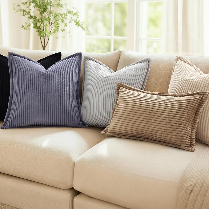 Mecatny Corduroy Throw Pillow Covers 12x20 Set of 2, Neutral Decorative Soft Boho Lumbar Couch Pillow Covers with Broadside for Sofa Living Room, Khaki