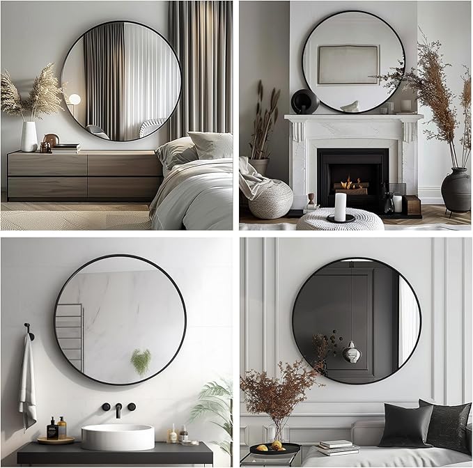 Small Round Mirror, 16 inch Round Mirror, Circle Black Mirrors, Metal Frame Circle Mirrors for Bathroom, Bedroom, Vanity, Wall Decor.