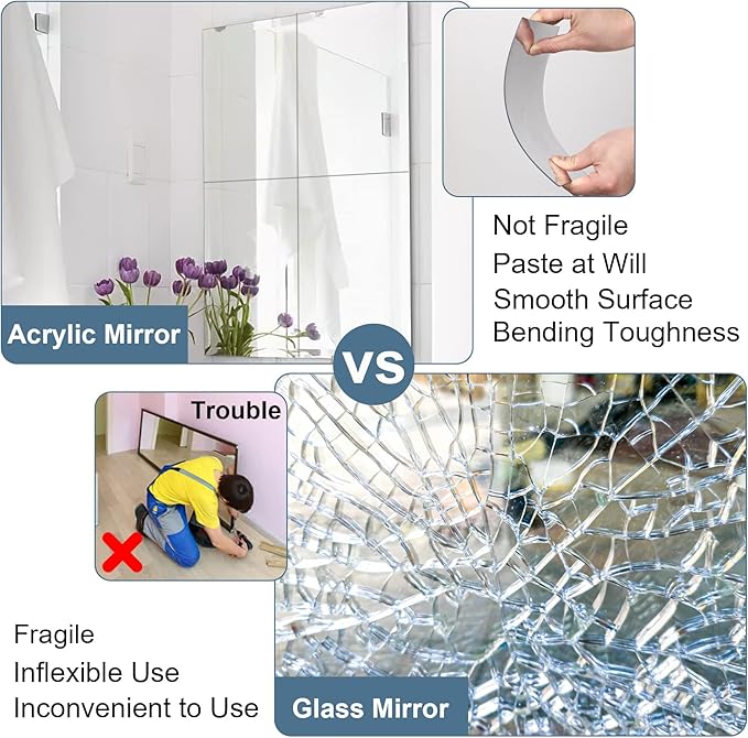 JUNEBRUSHS 4 Pack Self Adhesive Acrylic Mirror, 6X 9 Inch Mirror Tiles,Flexible Plastic Mirrors Sheets Wall Stickers,2MM Thick Mirrors,Frameless Small Mirror