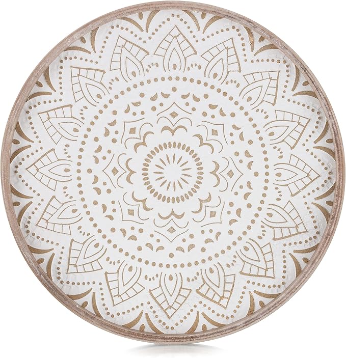 Hanobe Decorative Coffee Table Tray: Round Wood Trays for Boho Home Decor 12 Inch Rustic Farmhouse Centerpiece for Living Dining Room Ottoman Kitchen Counter Brown