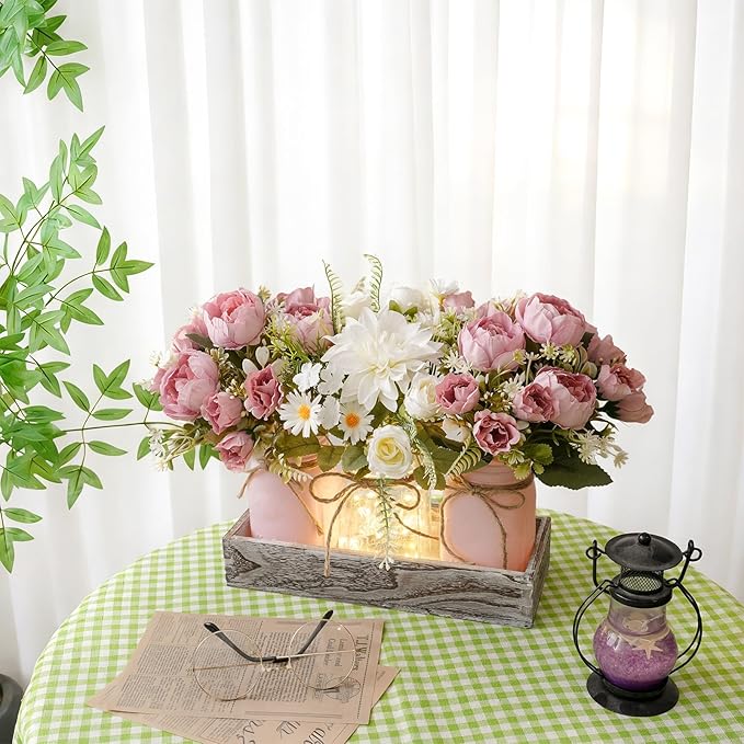 LUEUR Artificial Spring Rose Flowers in Mason Jars with Rustic Wood Tray, 3PCS Set – Pink Floral Centerpiece Table Decorations for Coffee Table, Dining Room, Kitchen & Farmhouse Home Decor