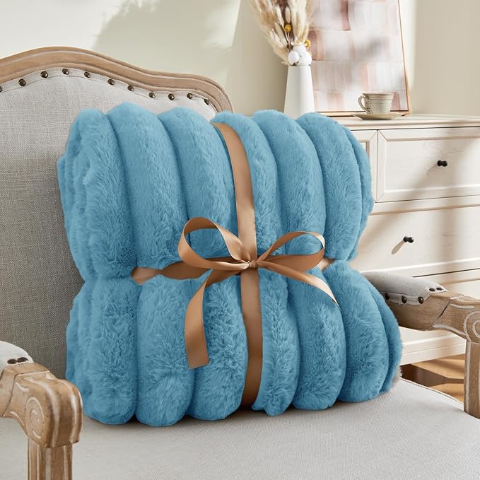 BEDELITE Faux Rabbit Fur Blanket, Luxurious 3D Striped Spring Blanket for Decor & Gift, Soft and Warm Plush Fluffy Faux Fur Throw Blanket All Seasons Suitable, (Light Blue, 60"x 80")