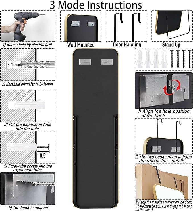 57x16 Door Hanging Full Length Mirror, Floor Stand (Height 5.7ft just Body in1.3ft) Wall Mounted Metal Frame Rectangle Dressing Mirrors for Bedroom Bathroom Room 57 inch Gold