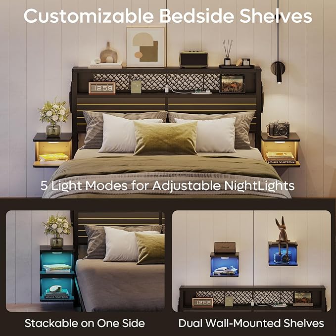 Bestier Queen Bed Frame with Horizontal Golden Stripe Storage Headboard&LED Nightstands, Metal Platform Bed with Charging Station, Heavy Duty Metal Slats, No Box Spring Needed, Noise Free(Matte Black)