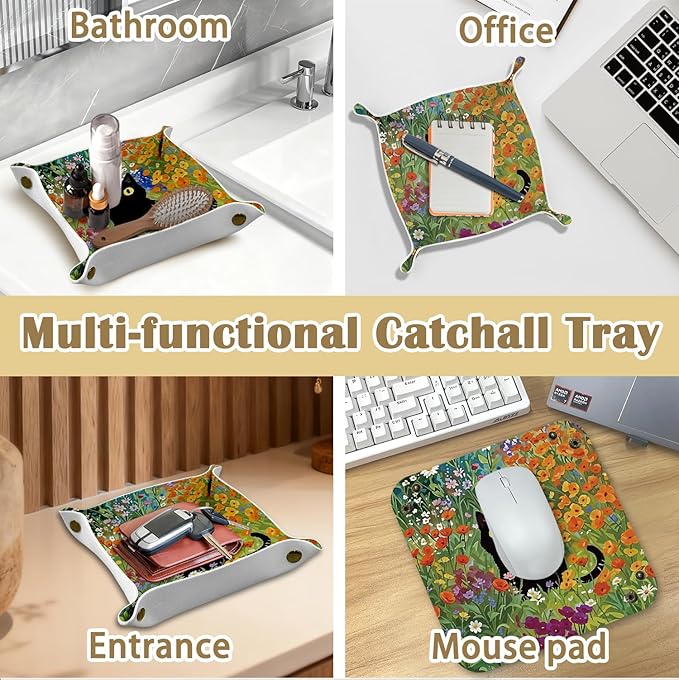 Black Cat Gifts Jewelry Valet Tray for Women, Cottagecore Floral Black Cat PU Leather Catchall Beside Caddy Nightstand Organizer Tray for Jewelry Rings Watches and Accessories, 7.87x7.87in
