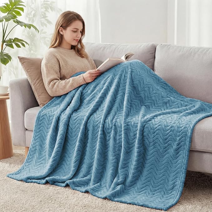 Exclusivo Mezcla Soft Fleece Throw Blanket for Couch, Cozy Lightweight Blankets with Decorative Wave Textured Suitable for All Season Use, Slate Blue, 50x70 Inches