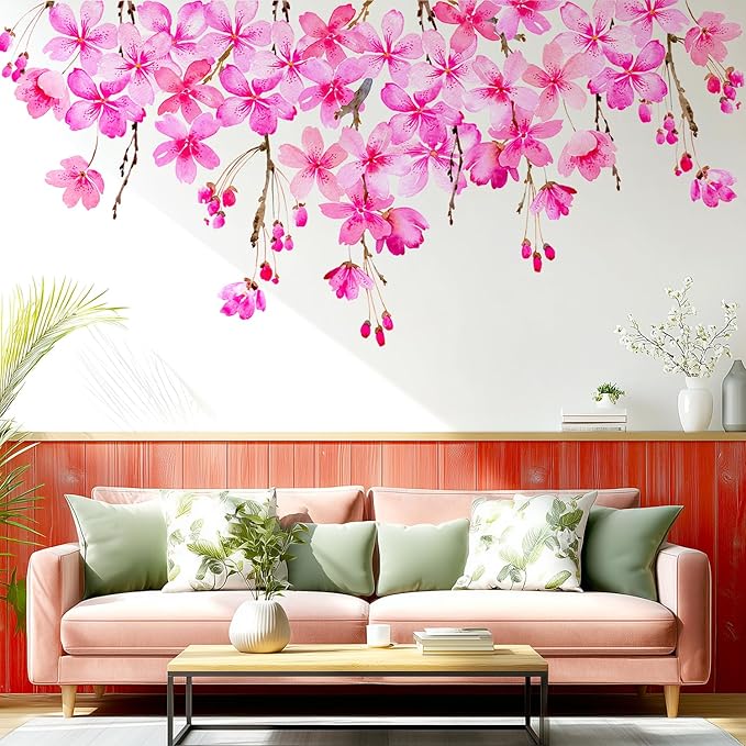 Cherry Blossom Flowers Wall Decals Peel and Stick, Large Floral Vinyl Wall Stickers, Removable Vine Home Decor Art for Bedroom Living Room Classroom Office