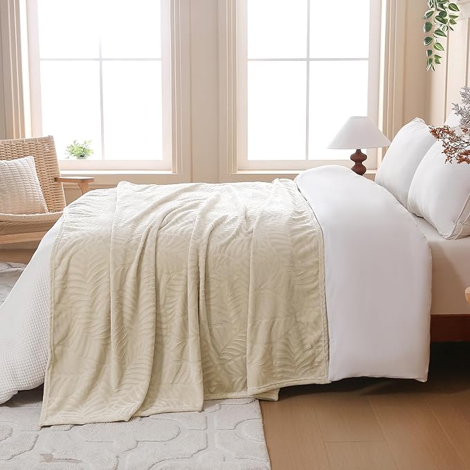 SOCHOW Super Soft Flannel Fleece Throw Blanket, Lightweight Cozy Warm Leaves Textured Plush Blanket for Bed Couch Sofa, 60 x 80 Inches, Linen