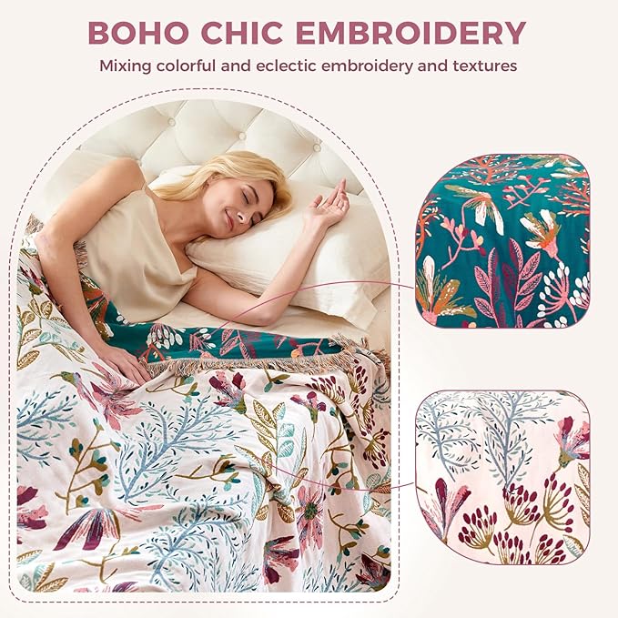 Boho Throw Blanket for Couch Sofa Chair Cotton Spring Blankets for Bedroom Living Room All Season Lightweight Reversible Floral Embroidery Throws 50"x60"