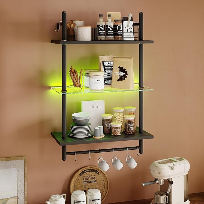 Bestier Gaming Floating Shelves, 24 inch LED Wall Mounted Shelves with Towel Bar, Coffee Bar Shelves with Glass Shelf & 8 Hooks, 3 Tier Hanging Display Rack for Wall Decor, Black Carbon Fiber