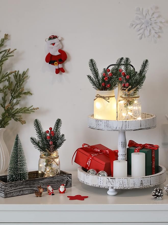 Winter Mason Jar Centerpiece for Table with LED Lights & Artificial Plants, Set of 3 Farmhouse Decorative Mason Jars for Christmas Home Decor, Winter Kitchen Dining Table Centerpiece