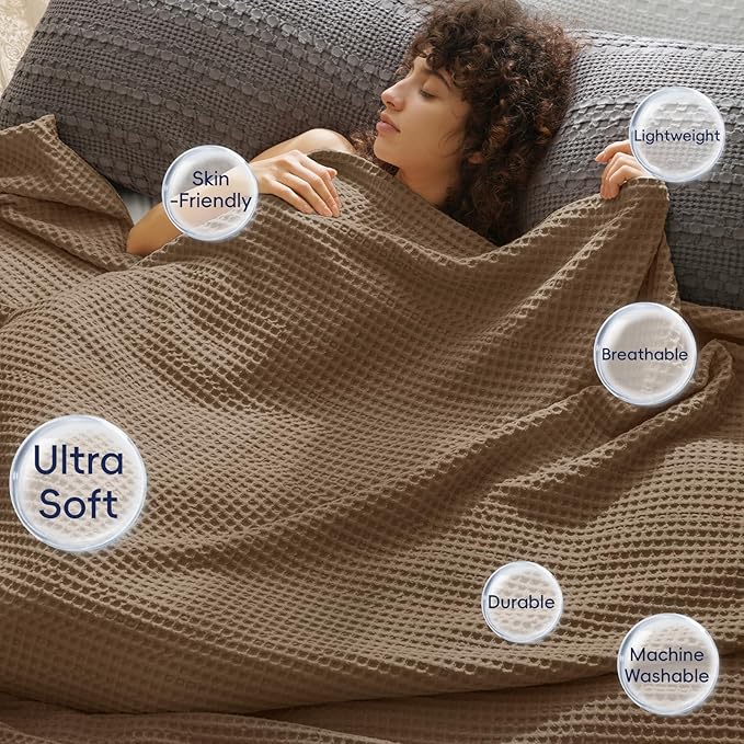 PHF Ultra Soft Waffle Weave Throw Blanket 50"x 60"- Washed Lightweight Breathable Cozy Woven Blanket for Bed - Aesthetic Decor for Couch Bedding Sofa Home Car - Mocha