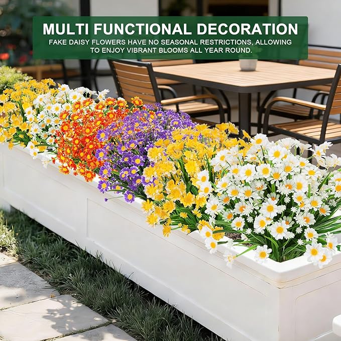 8 Bundles Artificial Daisy Flowers Outdoors Summer Decor, UV Resistant No Fade Fake Flowers Faux Plastic Greenery Shrub Plants for Hanging Gardens Window Box Porch Spring Cemetery Décor(Mix 4 Colors)