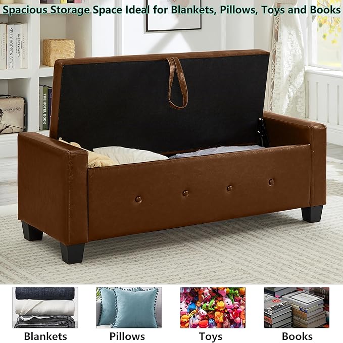 48" PU Leather Storage Ottoman Bench for Bedroom Bed End,Tufted Faux Leather Ottomans with Storage for Living Room,Bedside,Entryway,Modern Window Benches with Seating (PU Brown, 48")