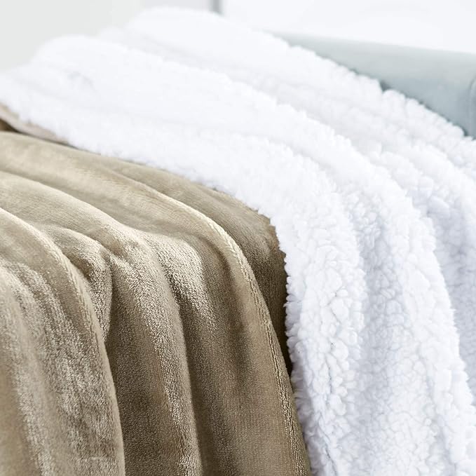 Genteele Sherpa Throw Blanket Super Soft Reversible Ultra Luxurious Plush Blanket, 102 x 90 inches, Taupe/White