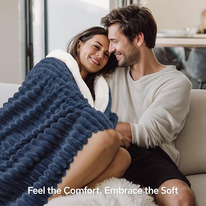 INFIIXSO Sherpa Throw Blanket for Couch - Super Soft & Warm Striped Fleece Blanket, Cozy Plush Fluffy Blanket All Season Use (Navy Blue, 60x80 Inches)