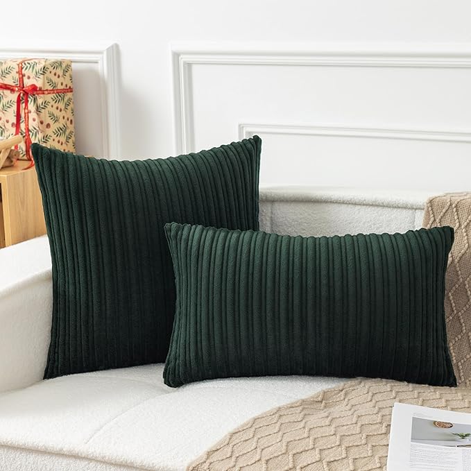 UGASA Velvet 20x20 Inch Soft Throw Pillow Cover Decorative Striped Corduroy Both Sides Solid Square Cushion Case Boho Farmhouse for Couch Bedroom Sofa Home, 1 Piece, New-Dark Green