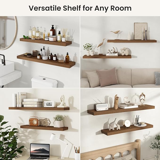 Fun Memories Rustic Wood Floating Shelves for Wall, Space-Saving Wall Mounted Shelves for Bathroom, Bedroom, Living Room and Kitchen, Stylish Storage & Display (Set of 3, Walnut, 12 in)