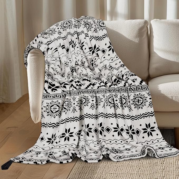 MACEVIA Flannel Boho Blanket for Couch, Country Western Aztec Printed Throw with Tassel, Soft Cozy Bohemian Blanket for Home Decor (Black and White, 50x60inches)