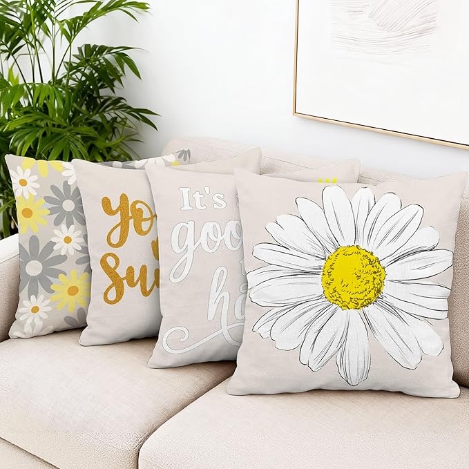 Hexagram Spring Summer Pillow Covers 20x20 Set of 4, Outdoor Floral Daisy Decorative Grey Throw Pillow Covers, You are My Sunshine Farmhouse Cushion Case for Couch Sofa Indoor Home Decor(No Insert)