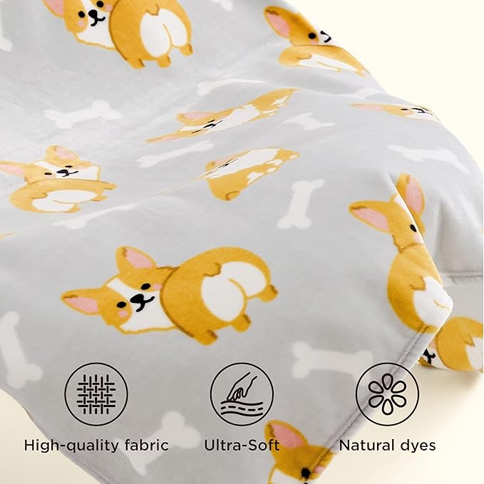 Bedsure Cute Dog Blanket for Kids as Birthday Gifts - Corgi Gifts for Corgi Lovers Girls Boys Women Teens, GentleSoft Cozy Home Decor Animal Pattern Blankets for Couch Sofa Bed Camping, Grey, 50x60