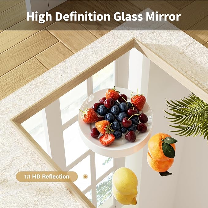 Oak Wood Effect Framed Wall Mirror, 30x48 Rectangle Mirror, Anti-desilvering Tempered Glass, Sustainable&Sturdy Frame, Anti-Rust, HD Reflection &3min Fast Setup for Bathroom Living Room