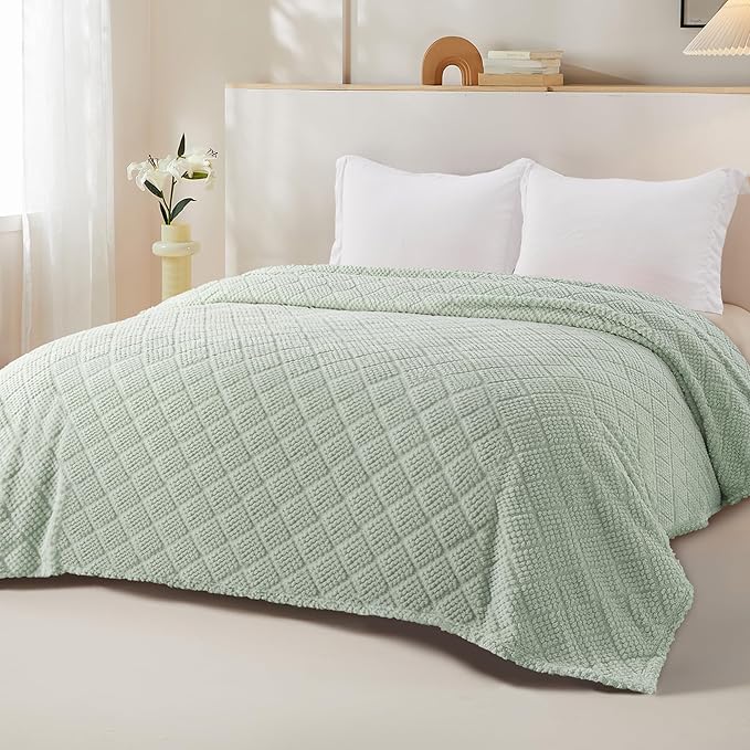 Whale Flotilla Fuzzy Fleece King Size Blanket for Bed, Soft Fluffy Jacquard Waffle Blankets for All Season, Lightweight and Warm, 90x104 Inch, Sage Green