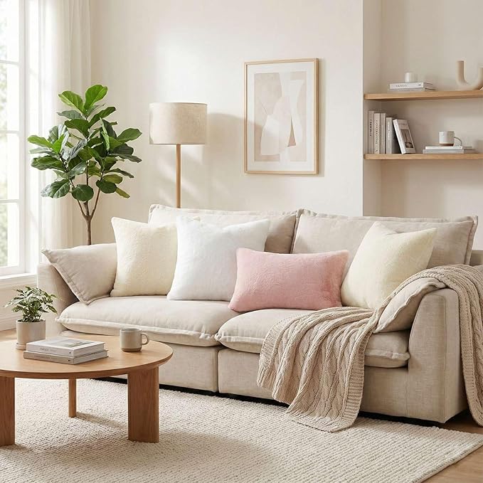 Pallene Faux Fur Plush Throw Pillow Covers 20x20 Set of 2, Luxury Soft Fluffy Cozy Decorative Pillow Covers for Sofa, Couch, Living Room, Blush Pink