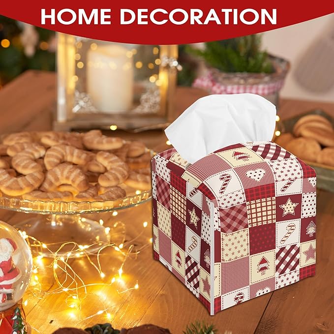 Christmas Patchwork Print Design Tissue Box Cover Holder, Cute Waterproof Tissue Box Cover Square, Xmas Gift Ideas for Family Friends, Bathroom Kitchen Car Office Home Decor(5.2 Inches)-B19