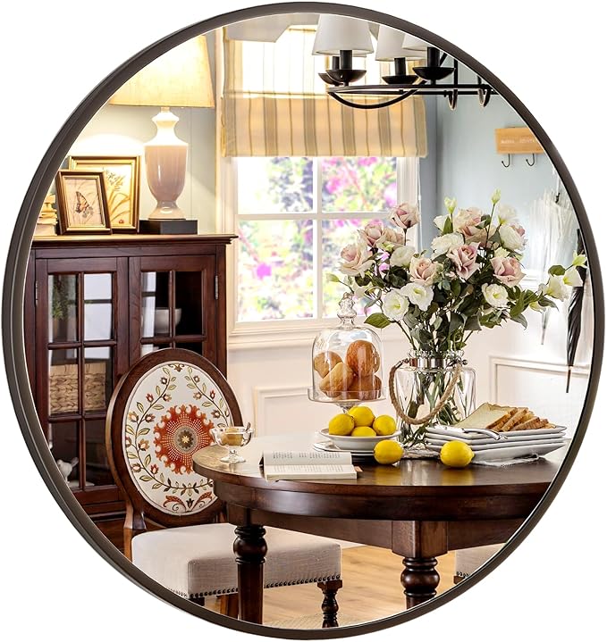 18-Inch Round Wall Mirror with Aluminum Alloy Metal Frame - Ideal for Entryway, Bathroom, Vanity, Living Room - Black Finish Circle Mirror for Stylish Home Decor