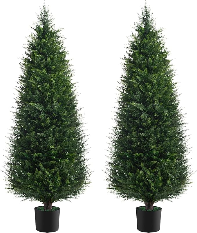 Two 5ft Artificial Plants Topairy Faux Cedar Trees for Outdoor Planters, 60IN Tall Fake Pine Bushes UV Resistant Large Potted Shrubs for Front Porch Décor