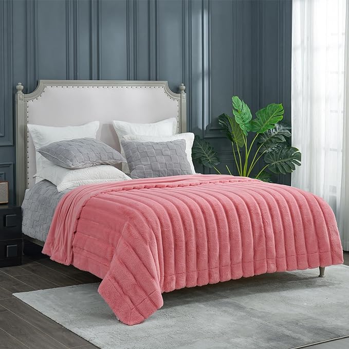 Cozy Bliss Deluxe Sheared Rabbit Faux Fur Throw Blanket, Soft Fuzzy High-Low Sculpted Plush Blanket for Couch, Cozy Home Accent, All Season Use, Pink 90"x90"