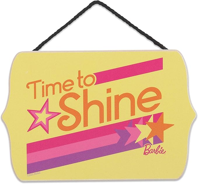 Mattel Barbie Time to Shine Hanging Wood Wall Decor - Fun Barbie Sign for Bedroom or Playroom