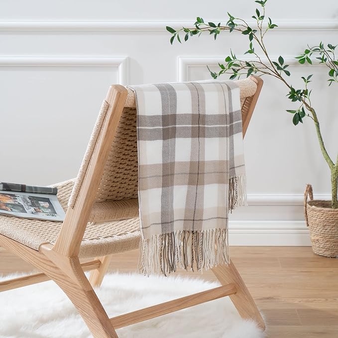 BATTILO HOME Fall Plaid Throw Blanket for Couch, Farmhouse Checkered Decor Throw, Lightweight Beige Throw Blankets for Bed Sofa Neutral Fall Decor, 49"x63"