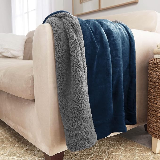 Genteele Sherpa Throw Blanket Super Soft Reversible Ultra Luxurious Plush Blanket, 40 x 50 inches, Navy/Gray