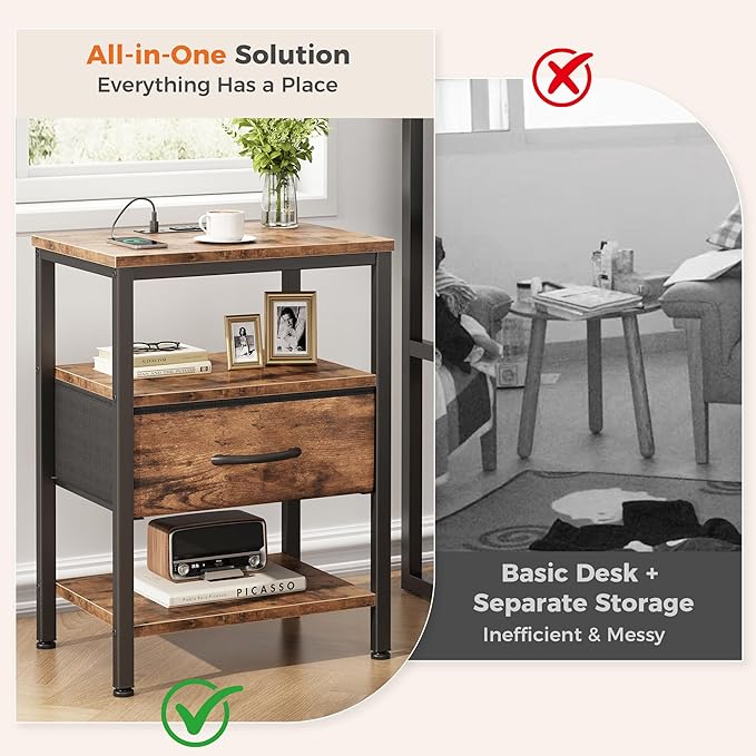DUMOS Bedside Table with Charging Station and Adjustable Fabric Drawer Compact Nightstand 3-Tier Storage Organizer End Table for Bedroom,Brown