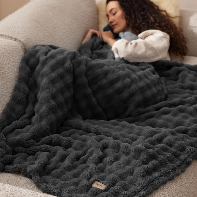 Bedsure 3D Fleece Bubble Blanket for Couch - GentleSoft Grey Twin Blanket for Sofa Bed Room Decor - Luxury Soft Cozy Gifts for Women, Lightweight, All Seasons, Dark Grey, 60"×80"