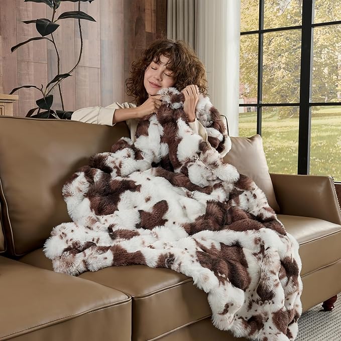 Lotus Karen Faux Fur Throw Blanket Cow Print-Dark Brown, Fluffy Fuzzy Plush Bubble Blanket for Couch, 90x90 InchesCozy Shaggy Rabbit Blanket, Luxury Decorative Gifts for Sofa Bedroom Living Room.