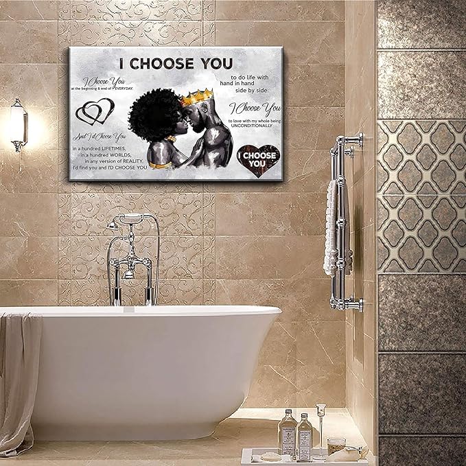 Framed African American Canvas Prints Black Couple I Choose You Poster Black King and Queen Wall Art Afro Black Romantic Couple Wall Art for Bedroom Living Room Decor(Black couple, 16in×12in)