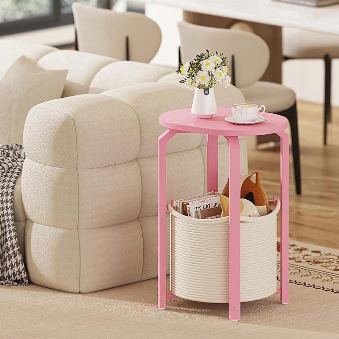TUTOTAK Small Side Table, Oval End Table, Night Stand, Bedside Table, Set of 2, Sofa Table with Storage Basket, Living Room, Bed Room, Pink TB01BP0932